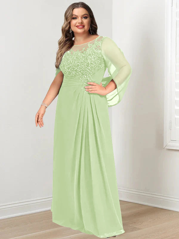 A-Line/Princess Scoop Floor-Length Plus Size Mother Of The Bride Dresses With Pleated & Sequins BabaMila