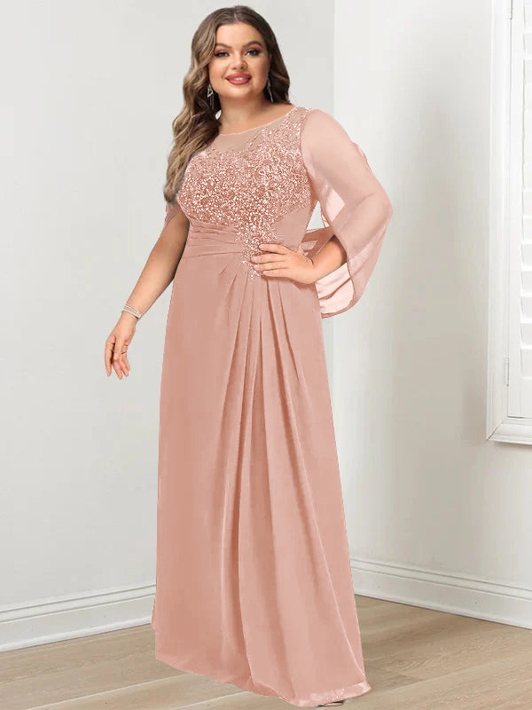 A-Line/Princess Scoop Floor-Length Plus Size Mother Of The Bride Dresses With Pleated & Sequins BabaMila