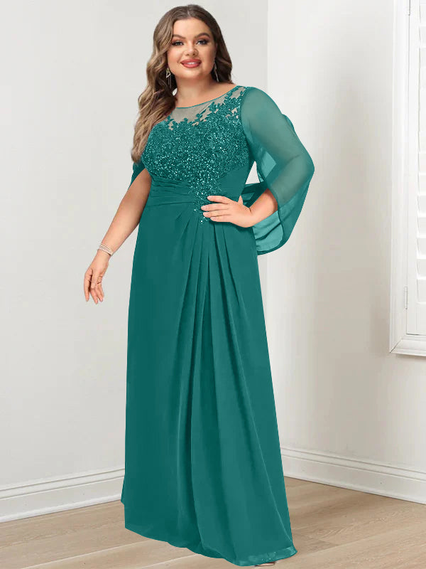 A-Line/Princess Scoop Floor-Length Plus Size Mother Of The Bride Dresses With Pleated & Sequins BabaMila