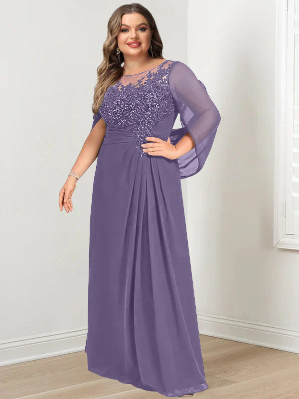 A-Line/Princess Scoop Floor-Length Plus Size Mother Of The Bride Dresses With Pleated & Sequins BabaMila