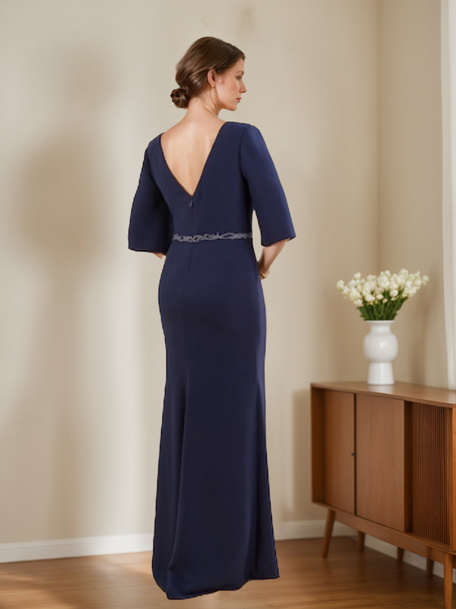Sheath/Column V-Neck Half Sleeves Mother Of The Bride & Groom Dresses With Appliques & Split Side BabaMila