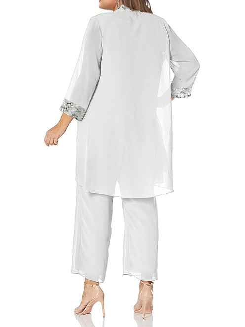 Chiffon Round Neck Floor-Length Plus Size Mother Of The Bride Pantsuits With Jacket BabaMila