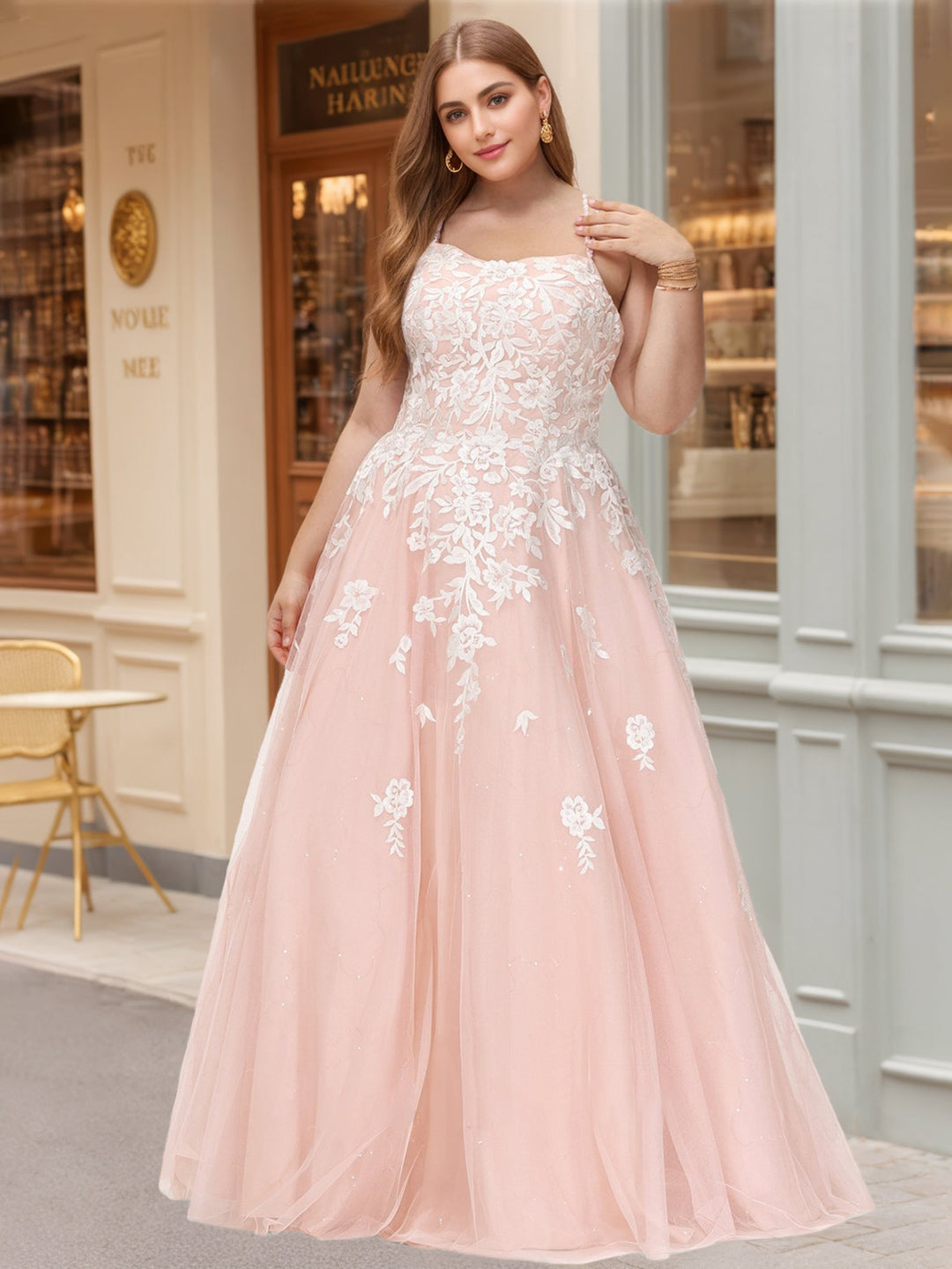 Ball Gown Square Neck Spaghetti Straps Sleeveless Floor-Length Floral Lace Tulle Plus Size Prom Dresses with Appliques BabaMila