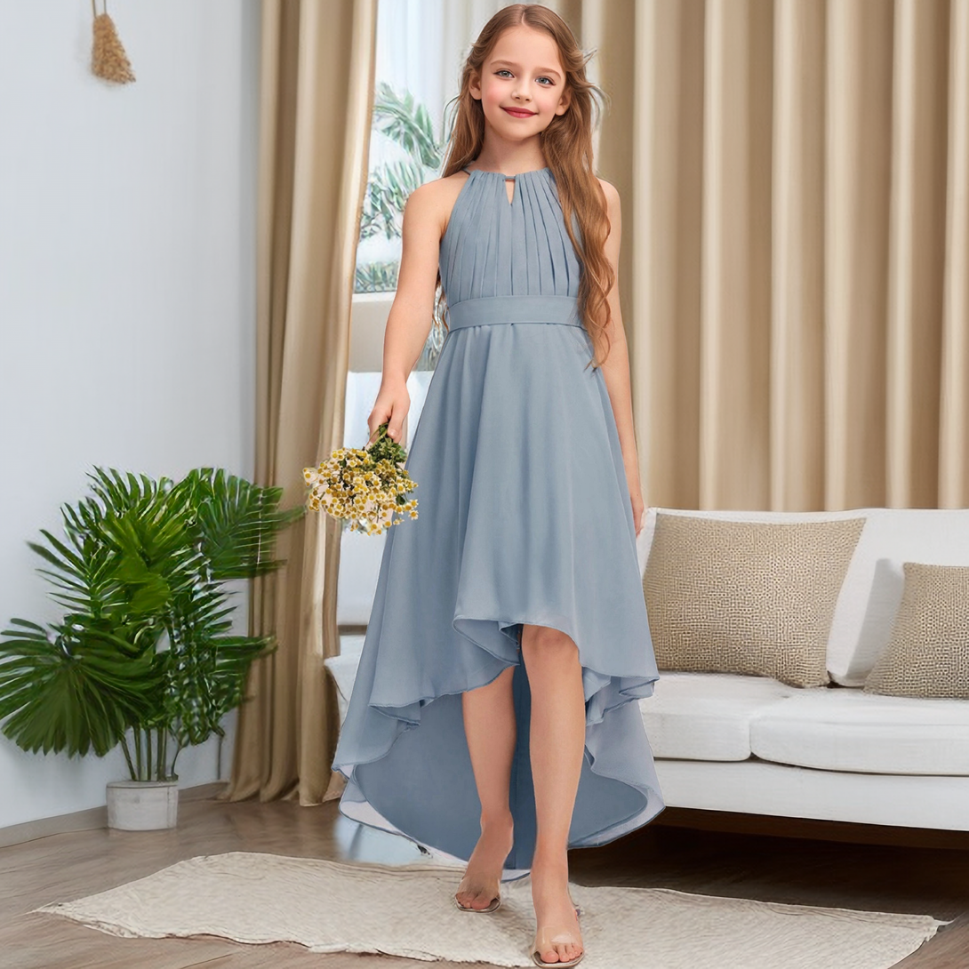 Asymmetrical Halter Sleeveless Chiffon Junior Bridesmaid Dress/Girls Birthday Dresses With Pleated/Belt Girls Gidiondress as picture 12M
