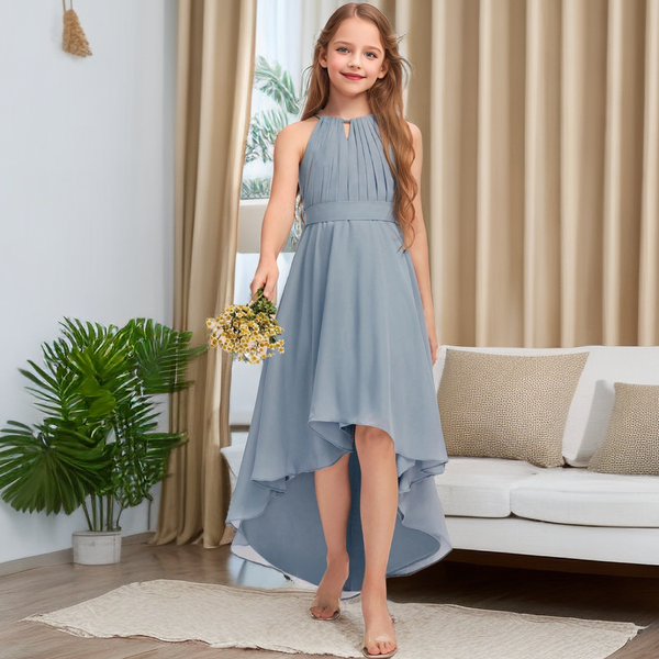 Asymmetrical Halter Sleeveless Chiffon Junior Bridesmaid Dress/Girls Birthday Dresses With Pleated/Belt Girls Gidiondress as picture 12M