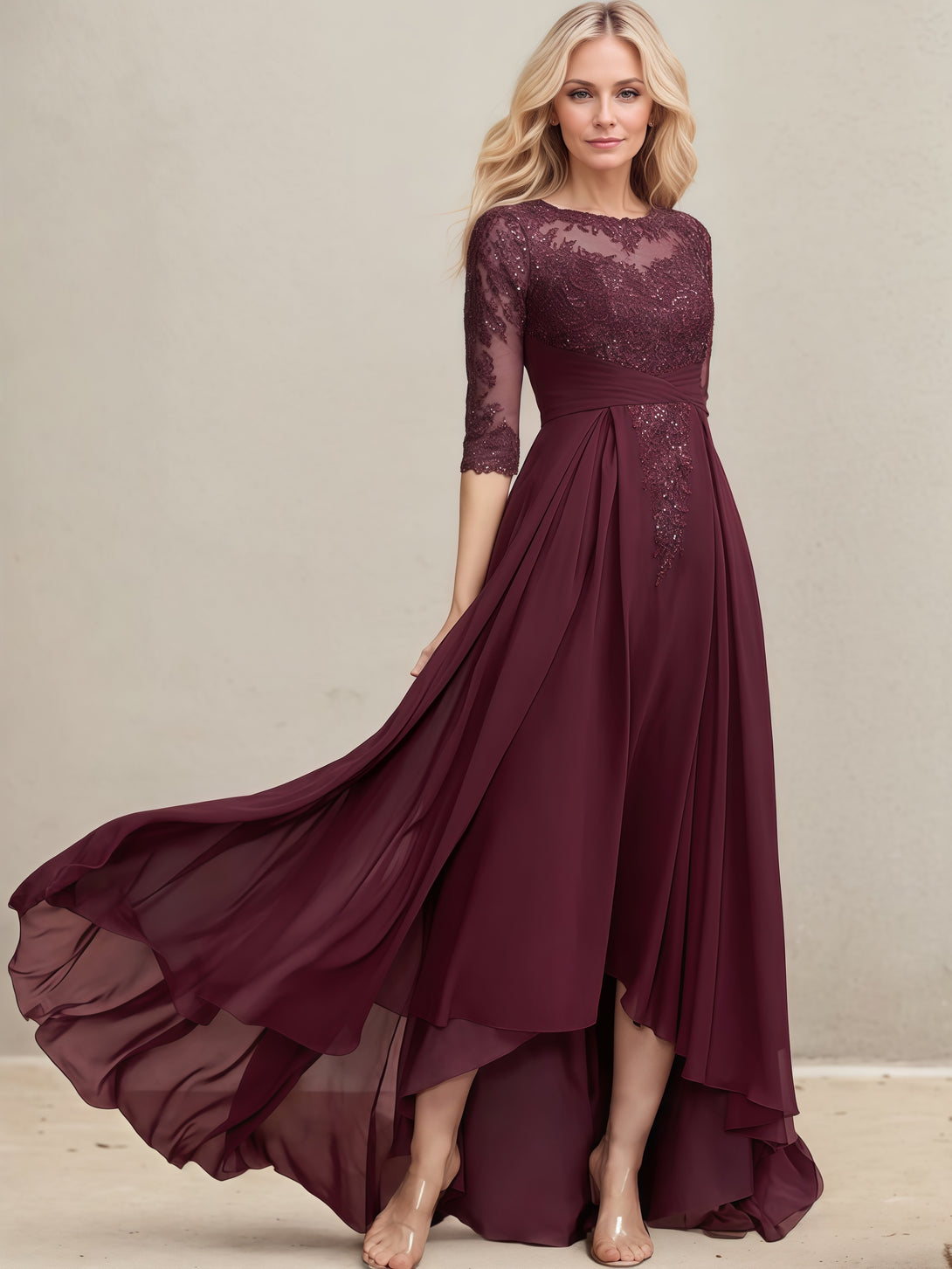 Illusion Boat Neck 3/4 Sleeve Asymmetrical Chiffon/Lace Mother of the Bride Dress With Pleated/Sequins/Appliques BabaMila
