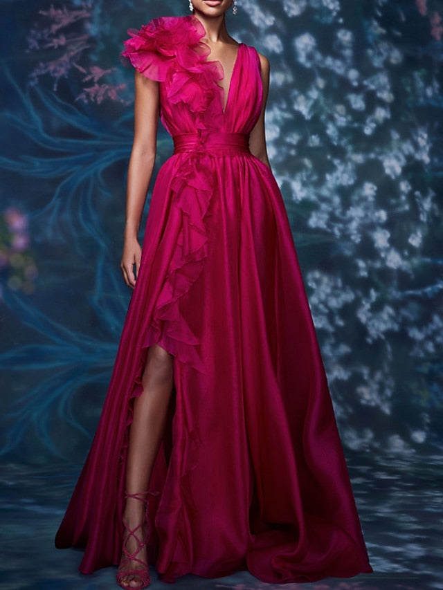 A-Line/Princess V-Neck Sleeveless Floor-length Long Formal Chiffon Evening Floar Dresses with Split Side/Cascading Ruffles/Belt BabaMila