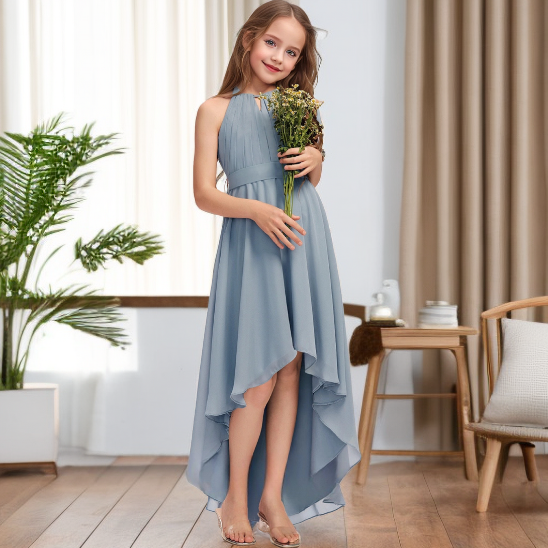 Asymmetrical Halter Sleeveless Chiffon Junior Bridesmaid Dress/Girls Birthday Dresses With Pleated/Belt Girls Gidiondress
