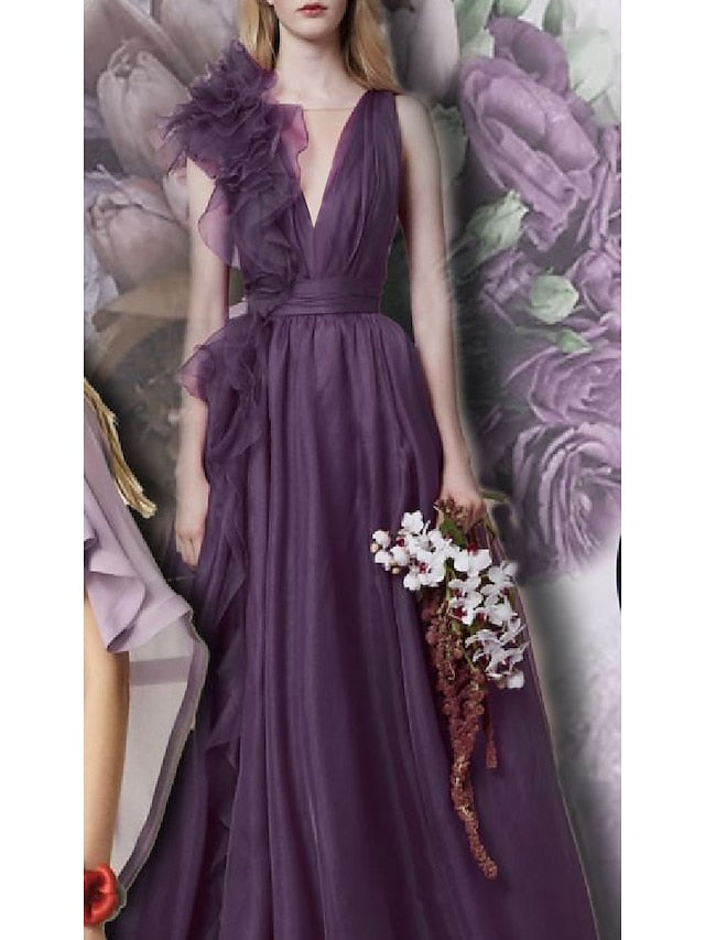 A-Line/Princess V-Neck Sleeveless Floor-length Long Formal Chiffon Evening Floar Dresses with Split Side/Cascading Ruffles/Belt BabaMila