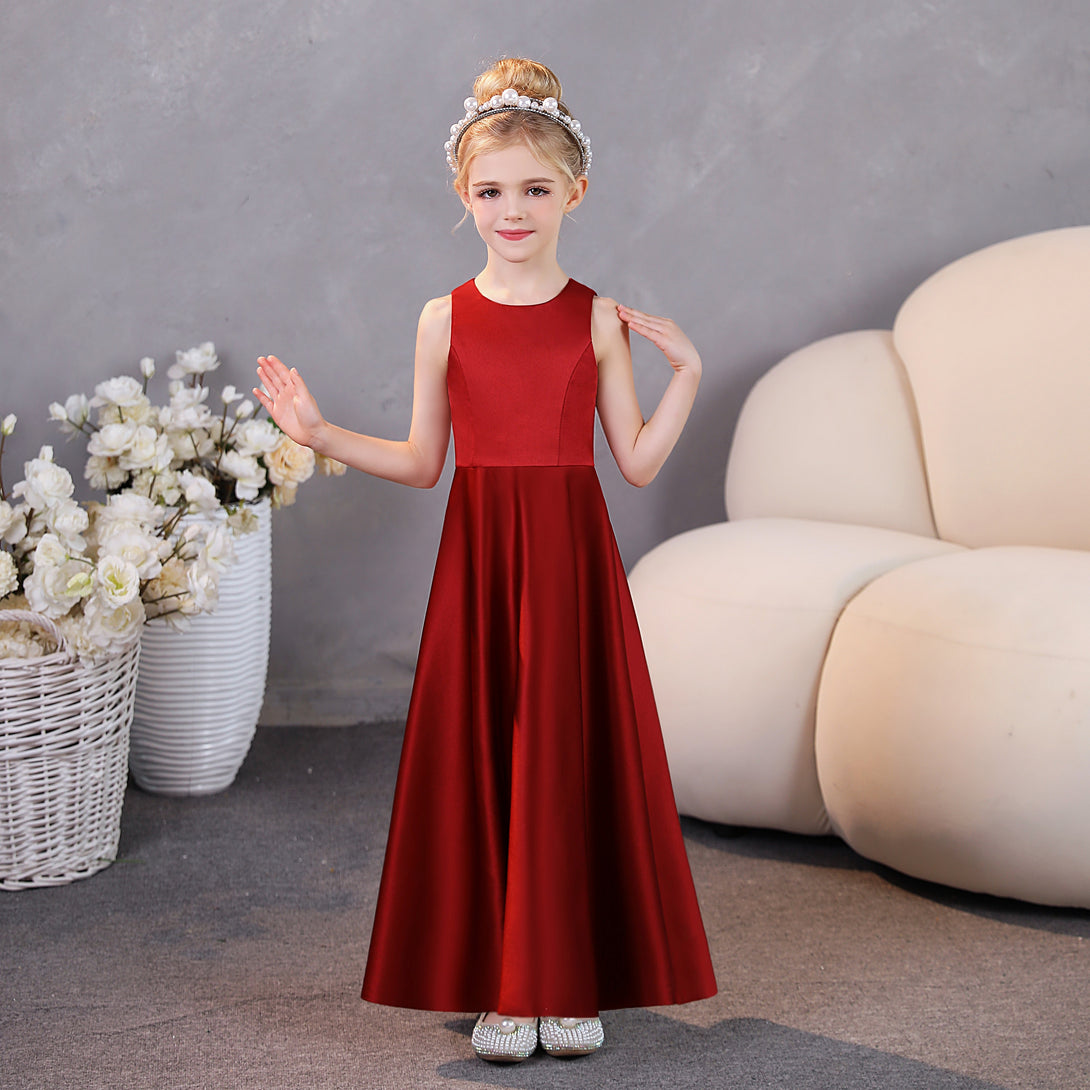 Girls Birthday Dresses Simple Sleeveless Satin Floor-Length Junior Bridesmaid Dress Gidiondress