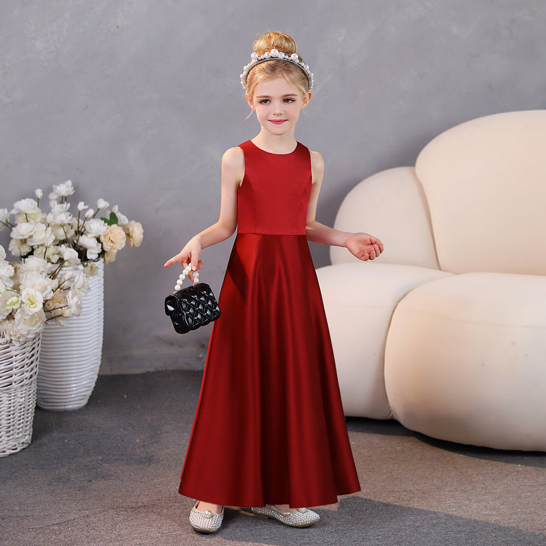 Girls Birthday Dresses Simple Sleeveless Satin Floor-Length Junior Bridesmaid Dress Gidiondress