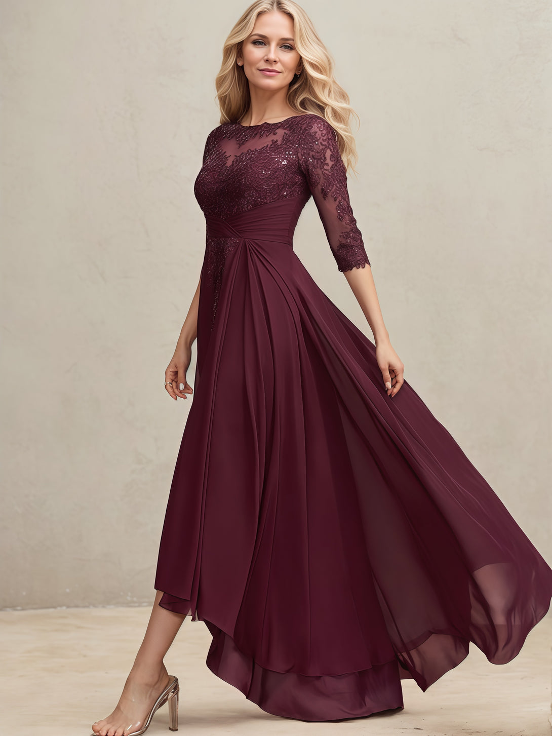 Illusion Boat Neck 3/4 Sleeve Asymmetrical Chiffon/Lace Mother of the Bride Dress With Pleated/Sequins/Appliques BabaMila