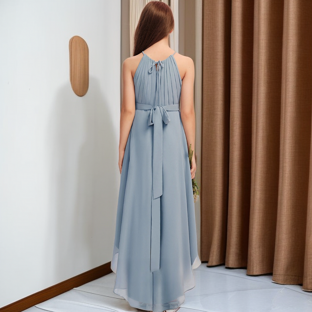 Asymmetrical Halter Sleeveless Chiffon Junior Bridesmaid Dress/Girls Birthday Dresses With Pleated/Belt Girls Gidiondress