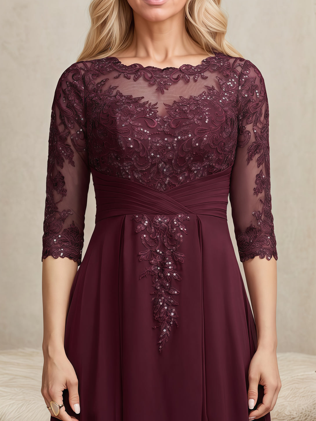 Illusion Boat Neck 3/4 Sleeve Asymmetrical Chiffon/Lace Mother of the Bride Dress With Pleated/Sequins/Appliques BabaMila