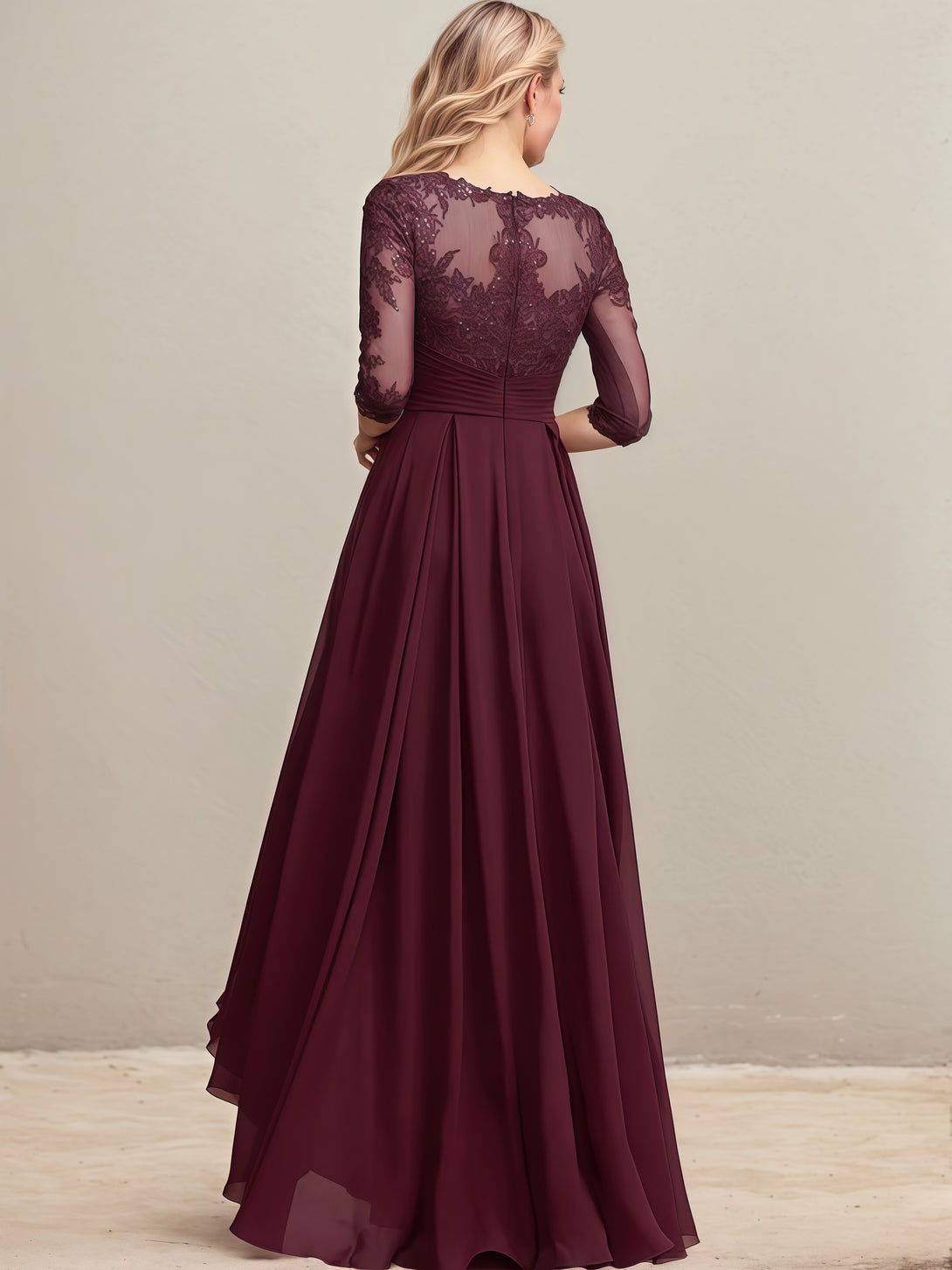 Illusion Boat Neck 3/4 Sleeve Asymmetrical Chiffon/Lace Mother of the Bride Dress With Pleated/Sequins/Appliques BabaMila
