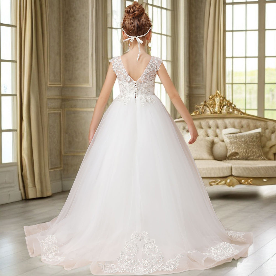 Ball Gown/Princess Sleeveless Scoop Neck Floor-Length Ivory Court Train Lace/Tulle Flower Girl Dresses/First Communion Dress With Applique Gidiondress