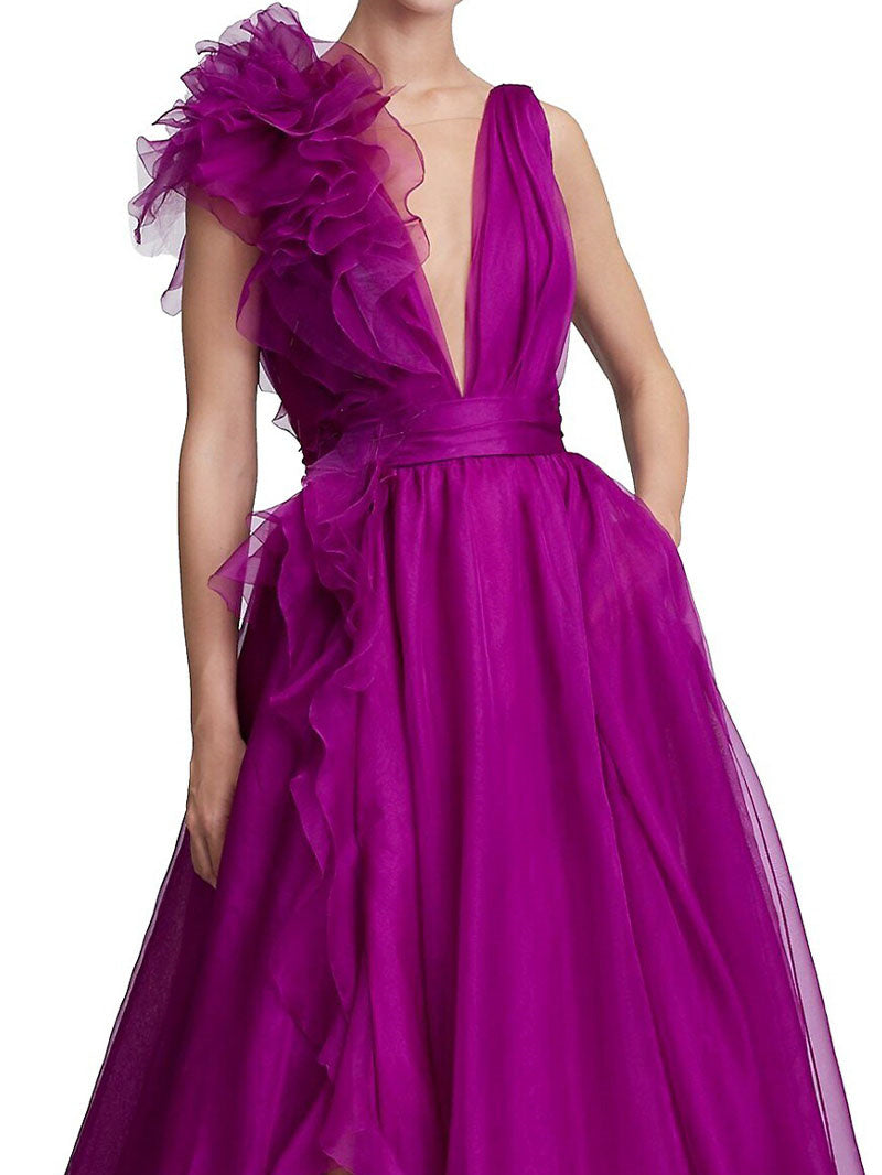 A-Line/Princess V-Neck Sleeveless Floor-length Long Formal Chiffon Evening Floar Dresses with Split Side/Cascading Ruffles/Belt BabaMila