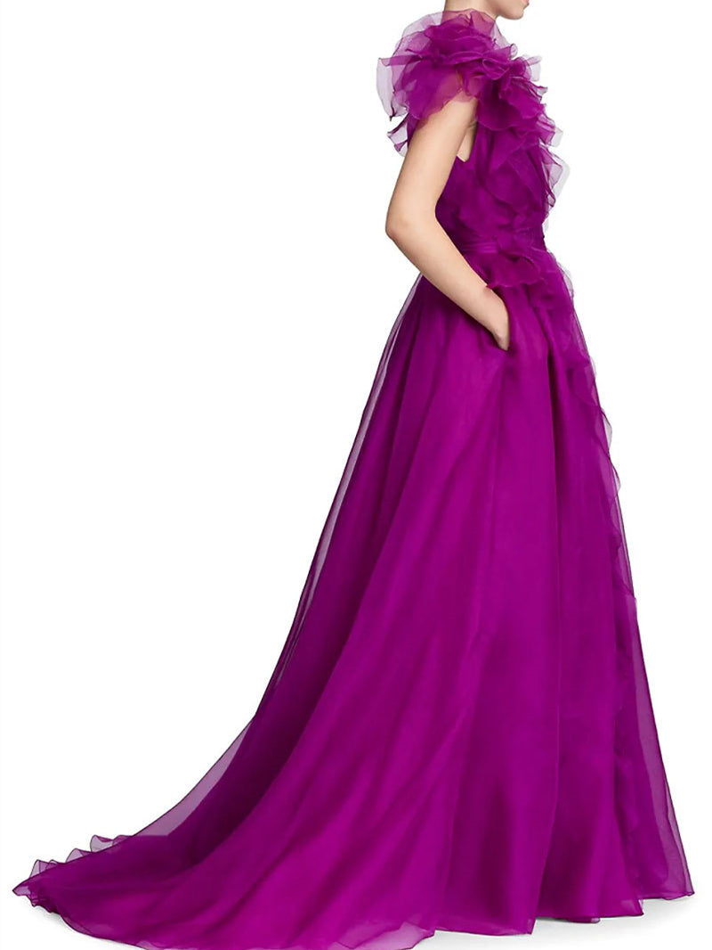 A-Line/Princess V-Neck Sleeveless Floor-length Long Formal Chiffon Evening Floar Dresses with Split Side/Cascading Ruffles/Belt BabaMila