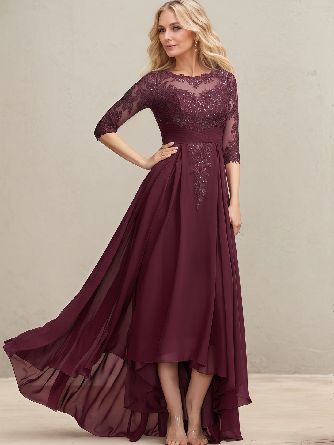 Illusion Boat Neck 3/4 Sleeve Asymmetrical Chiffon/Lace Mother of the Bride Dress With Pleated/Sequins/Appliques BabaMila