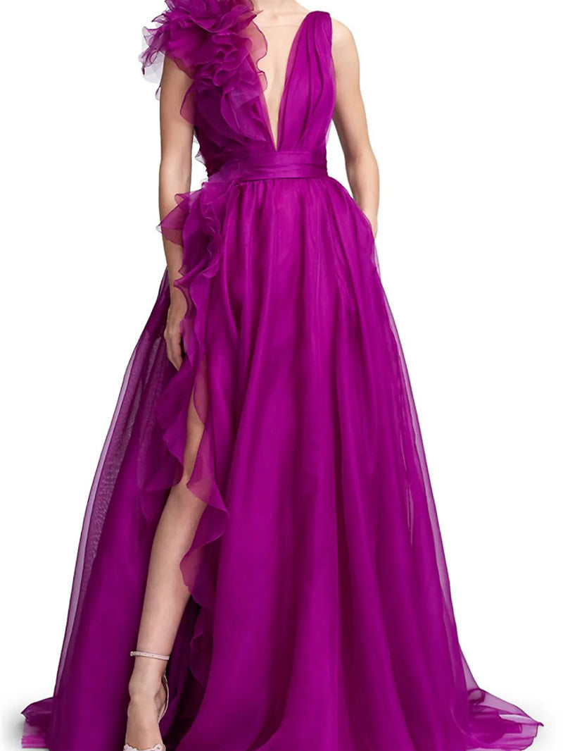 A-Line/Princess V-Neck Sleeveless Floor-length Long Formal Chiffon Evening Floar Dresses with Split Side/Cascading Ruffles/Belt BabaMila