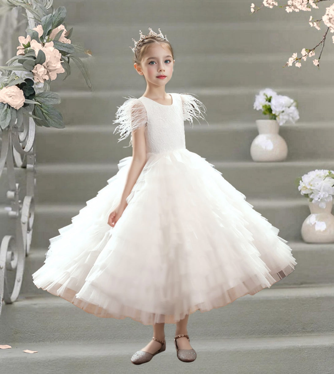 Scoop Neck Flutter Straps Ankel-Length Lace/Satin/Tulle Flower Girl Dresses With Pleated Girls Gidiondress