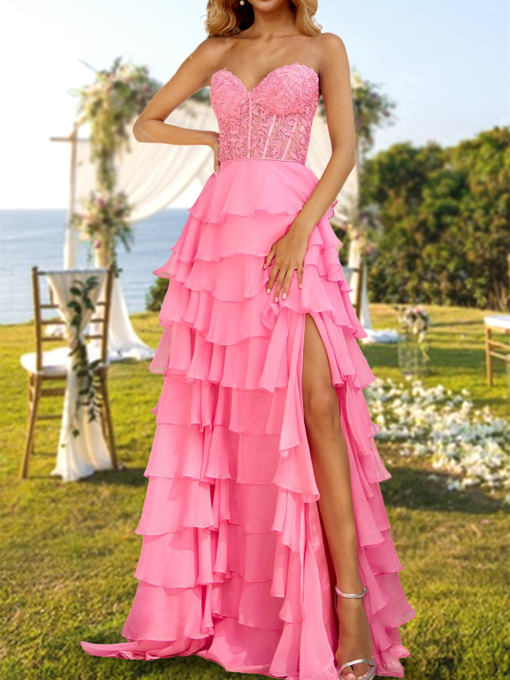 A-Line/Princess Strapless Long Prom Dresses With Sequins Evening Party Dresses & Split Side BabaMila