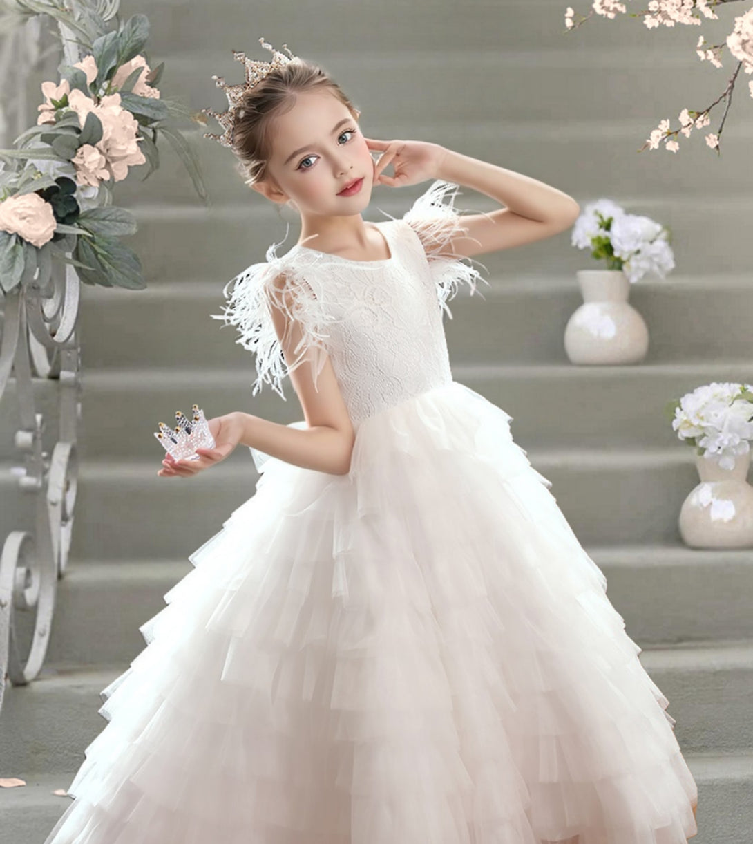 Scoop Neck Flutter Straps Ankel-Length Lace/Satin/Tulle Flower Girl Dresses With Pleated Girls Gidiondress
