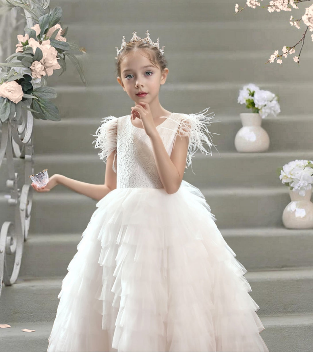 Scoop Neck Flutter Straps Ankel-Length Lace/Satin/Tulle Flower Girl Dresses With Pleated Girls Gidiondress