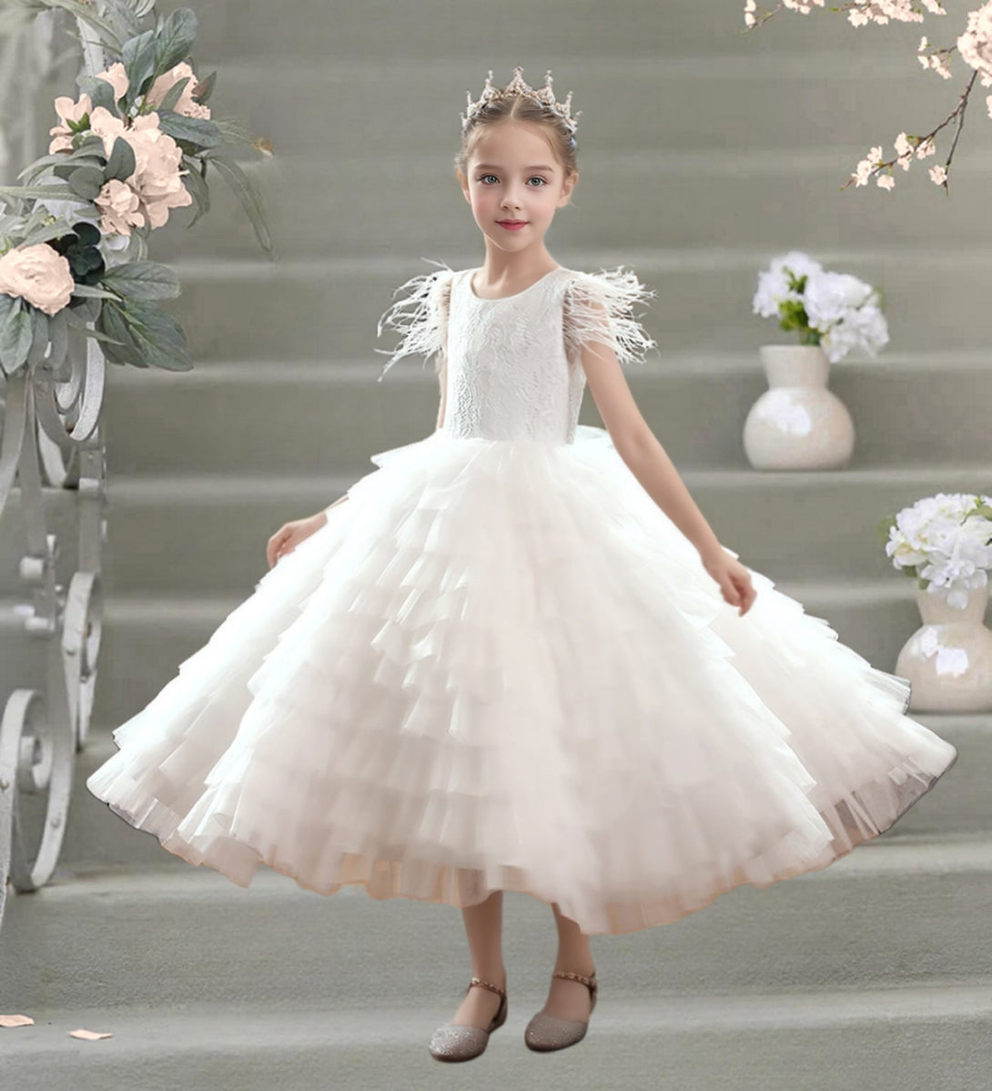 Scoop Neck Flutter Straps Ankel-Length Lace/Satin/Tulle Flower Girl Dresses With Pleated Girls Gidiondress