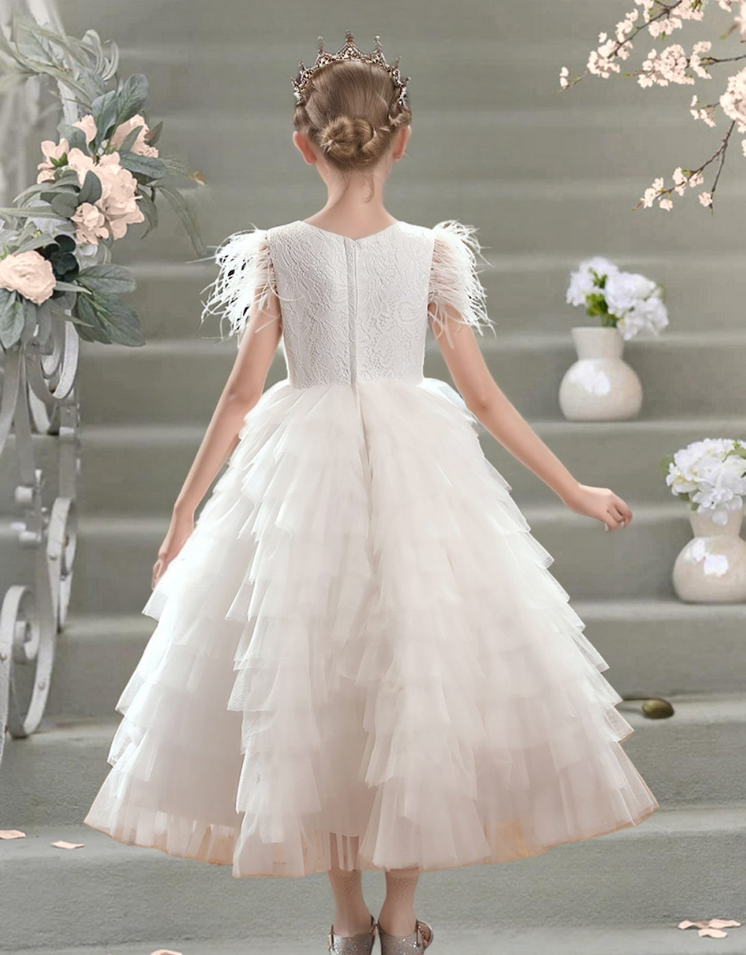 Scoop Neck Flutter Straps Ankel-Length Lace/Satin/Tulle Flower Girl Dresses With Pleated Girls Gidiondress