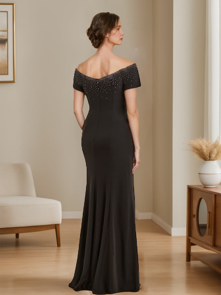 Sheath/Column V-Neck Mother Of The Bride Dresses With Beading & Split Side & Ruffles BabaMila