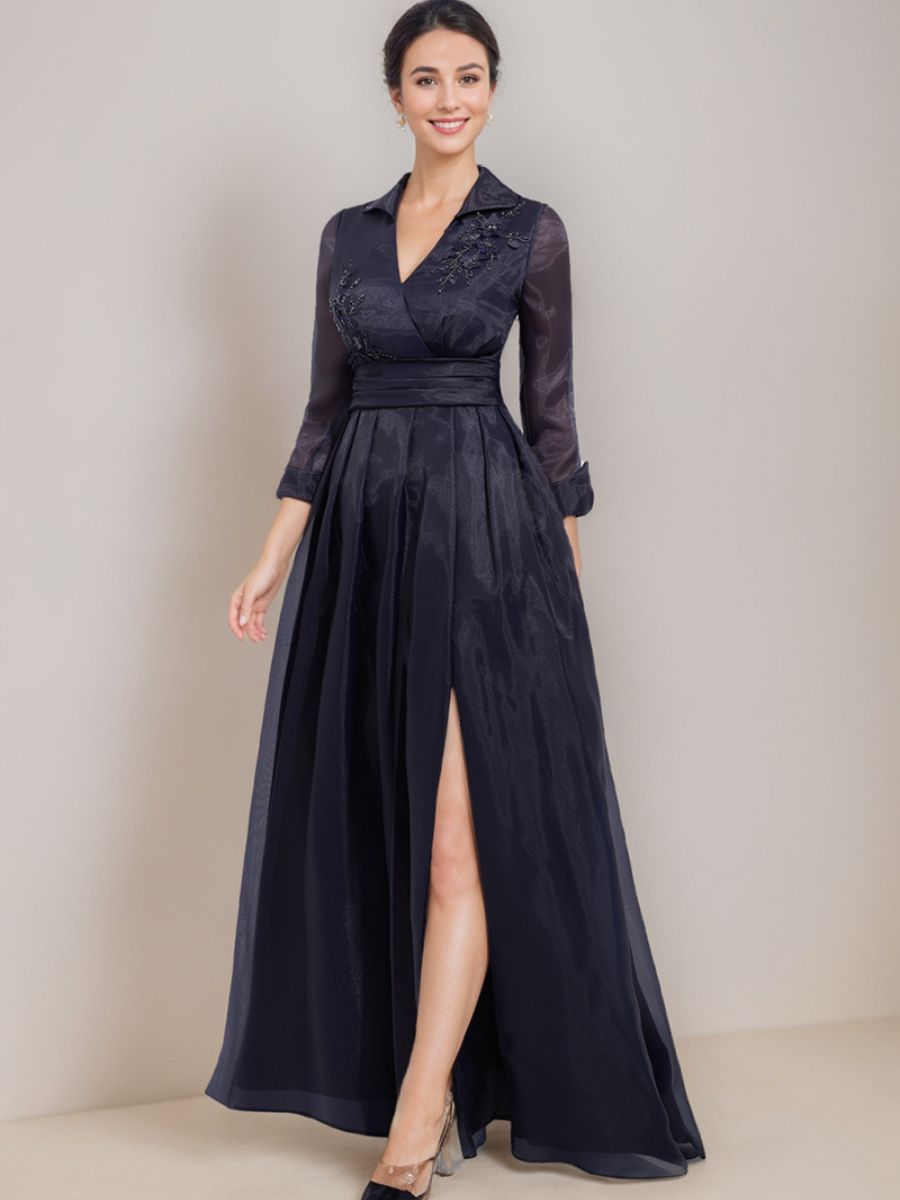 A-Line V-Neck 3/4 Sleeves Floor-Length Mother Of The Bride Dresses With Appliques & Side Slit BabaMila