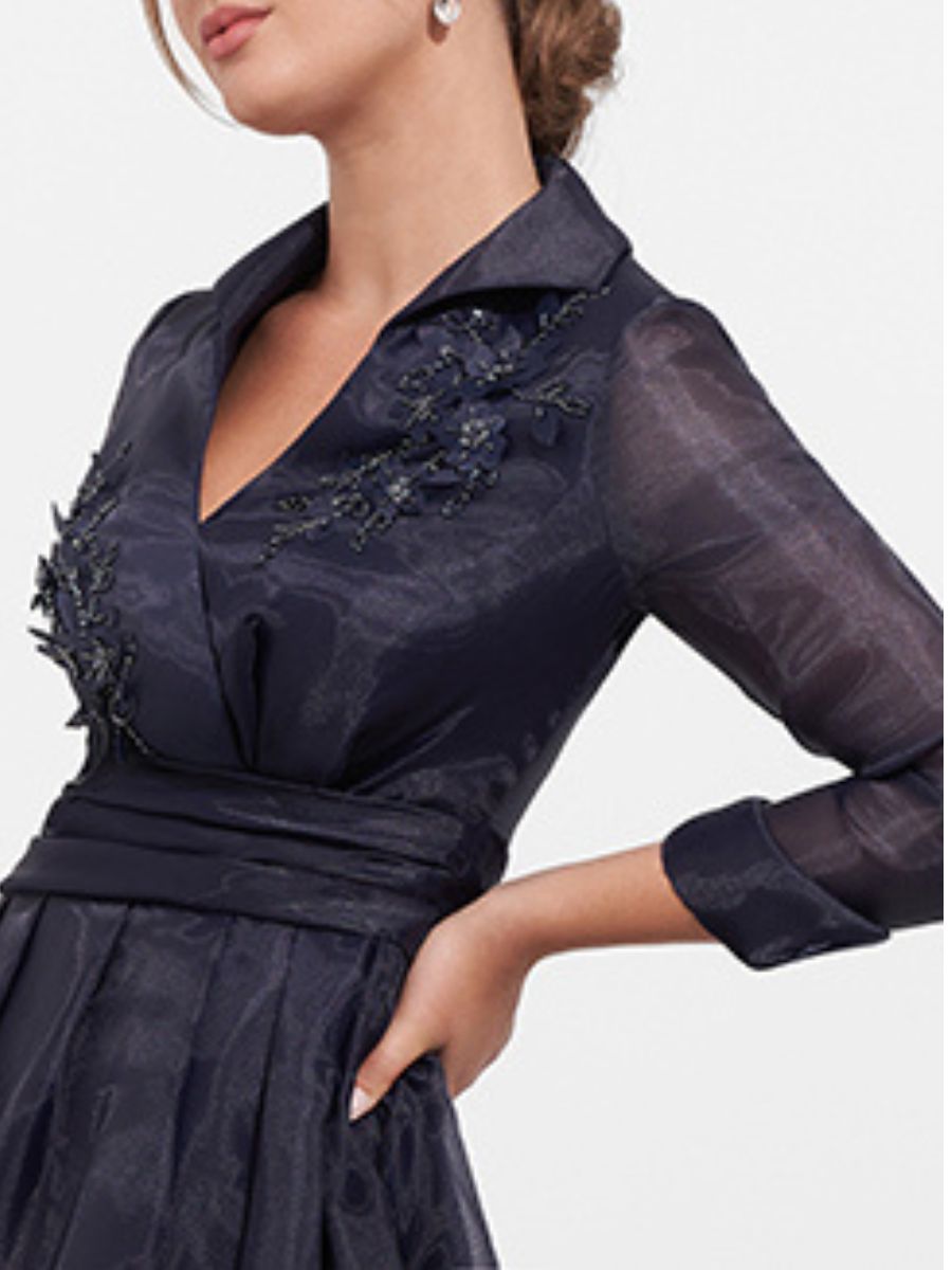 A-Line V-Neck 3/4 Sleeves Floor-Length Mother Of The Bride Dresses With Appliques & Side Slit BabaMila