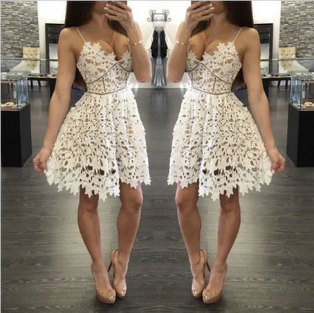 Homecoming Dress Spaghetti Straps Lace Short Prom Dress Party Dress BabaMila