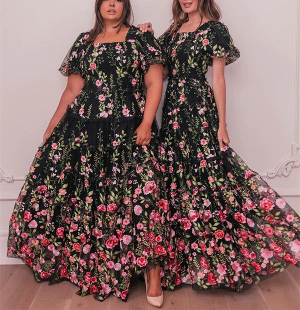 A-Line/Princess Square Neck Short Sleeves Floral Formal Party Dresses With Flowers BabaMila