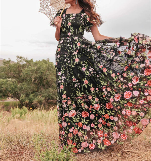A-Line/Princess Square Neck Short Sleeves Floral Formal Party Dresses With Flowers BabaMila