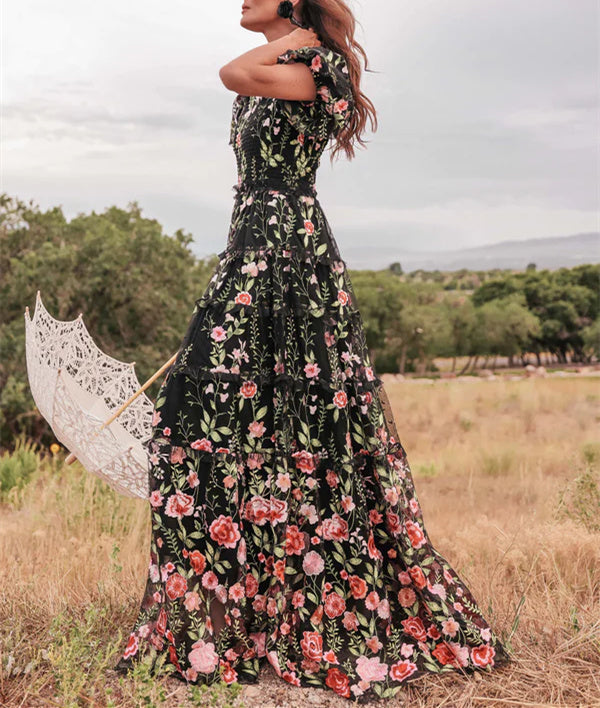 A-Line/Princess Square Neck Short Sleeves Floral Formal Party Dresses With Flowers BabaMila