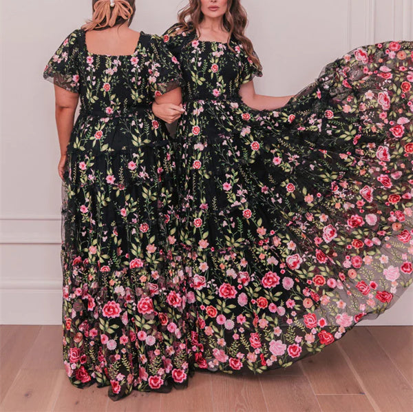 A-Line/Princess Square Neck Short Sleeves Floral Formal Party Dresses With Flowers BabaMila