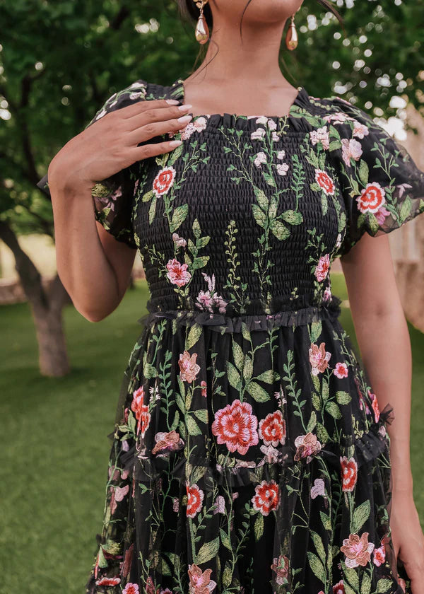 A-Line/Princess Square Neck Short Sleeves Floral Formal Party Dresses With Flowers BabaMila