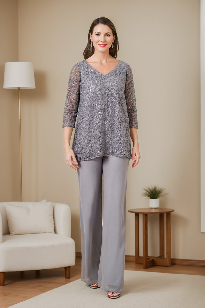Chiffon V-Neck 3/4 Sleeves Mother Of The Bride Pantsuits With Sequins BabaMila