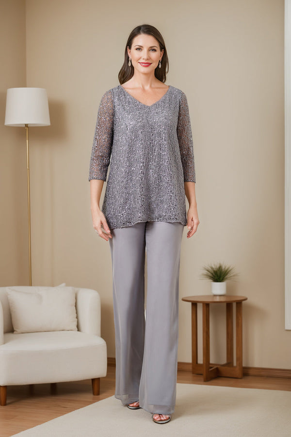 Chiffon V-Neck 3/4 Sleeves Mother Of The Bride Pantsuits With Sequins BabaMila