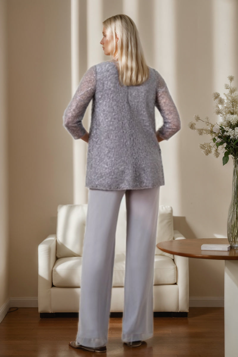 Chiffon V-Neck 3/4 Sleeves Mother Of The Bride Pantsuits With Sequins BabaMila