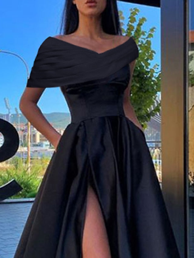 A-Line/Princess Satin Off-the-Shoulder Floor-length Prom Dresses With Slit BabaMila