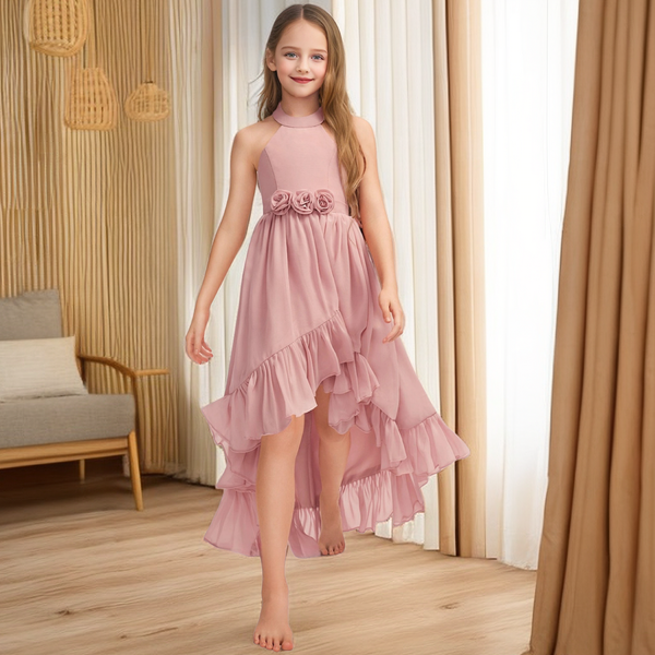Asymmetrical Chiffon Junior Bridesmaid Dress/Girls Birthday Dresses 3D Flower Girls Gidiondress
