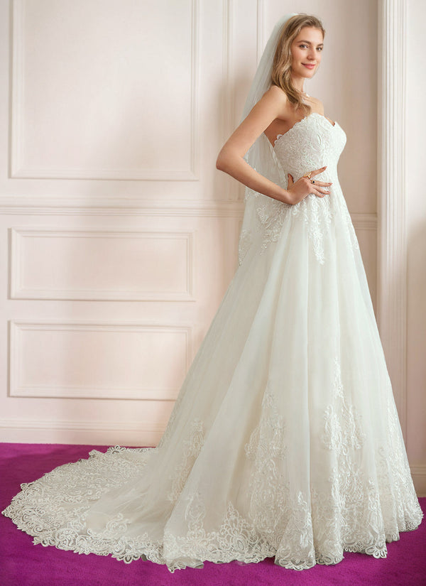 A-Line/Princess Strapless Neckline Sleeveless Floor-Length Wedding Dress with Applique & Lace BabaMila