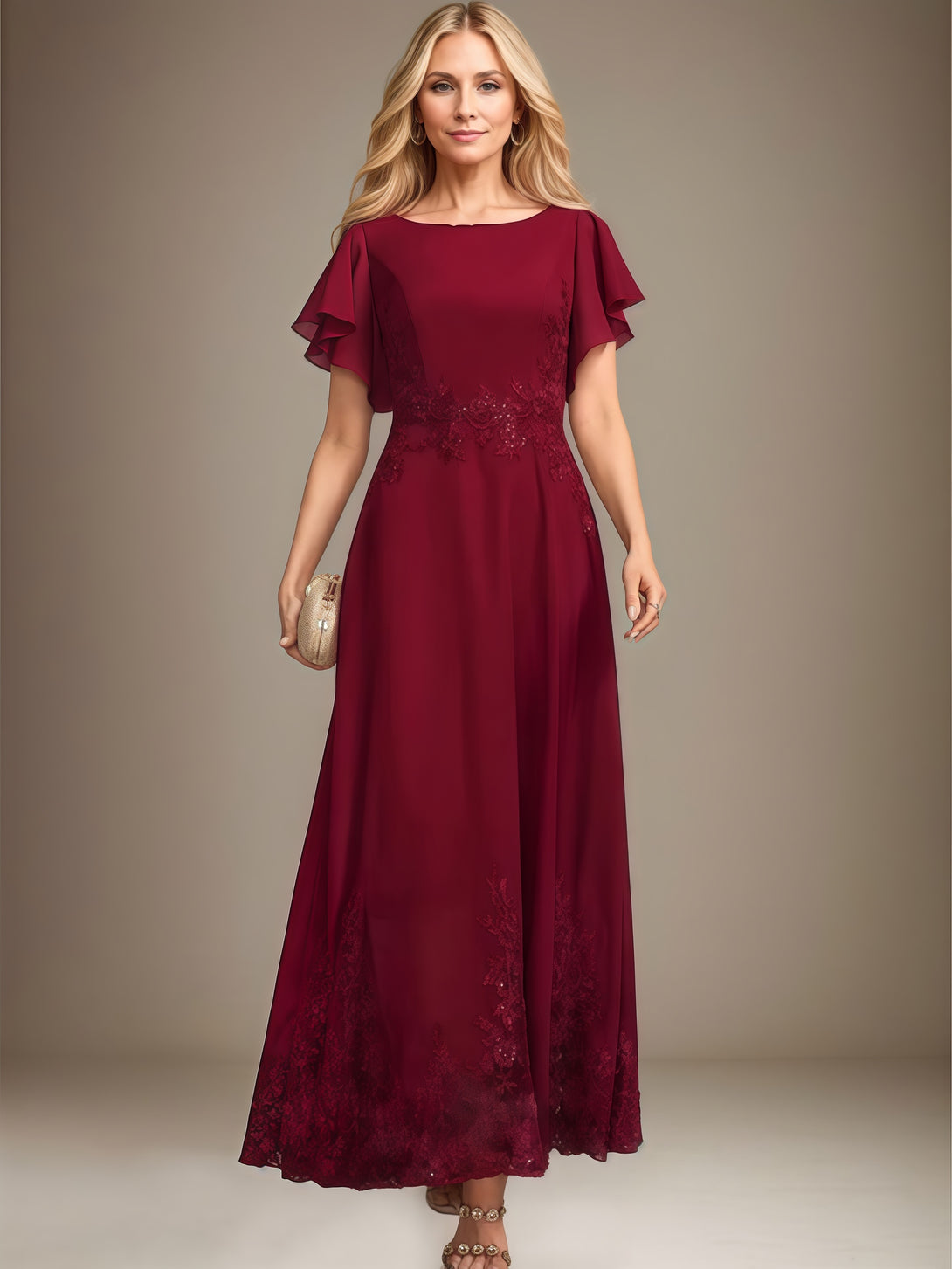 Boat Neck Flutter Straps Ankel-Length Chiffon/Lace Mother of the Bride Dress With Sequins/Appliques BabaMila