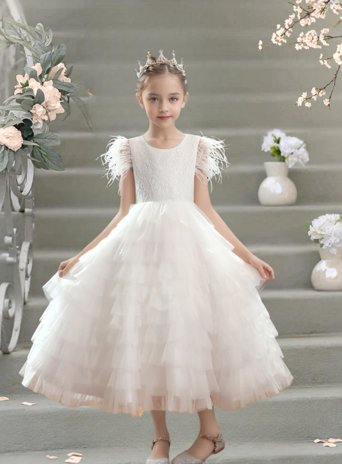 Scoop Neck Flutter Straps Ankel-Length Lace/Satin/Tulle Flower Girl Dresses With Pleated Girls Gidiondress