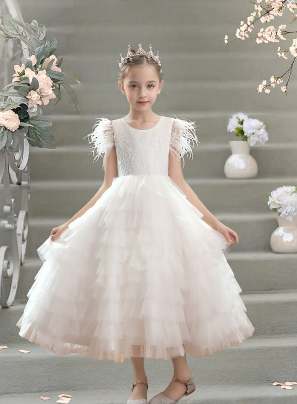 Scoop Neck Flutter Straps Ankel-Length Lace/Satin/Tulle Flower Girl Dresses With Pleated Girls Gidiondress