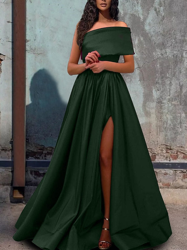 A-Line/Princess One-Shoulder Short Sleeve Floor-length Prom Dresses With Split Side BabaMila