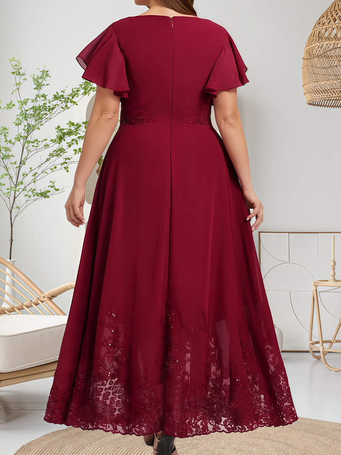 Boat Neck Flutter Straps Ankel-Length Chiffon/Lace Mother of the Bride Dress With Sequins/Appliques BabaMila